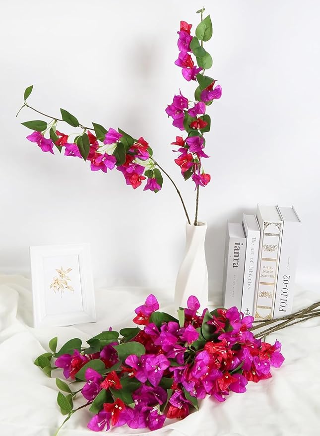 12PCS Bougainvillea Artificial Flowers 31.50" Long Stem Faux Silk Bougainvillea Branches Fake Hanging Flowers Vines for Wedding Arch Wall Outdoor Home Decoration (Fuchsia Mixed)
