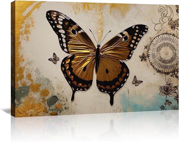 KPLUNDO Butterfly Wall Art Abstract Flower Picture Gray Gold Poster Vintage Painting Modern Artwork Home Decor for Living Room Bedroom Office Wall Decoration Ready to Hang(Art-3,16.00x24.00 inch)