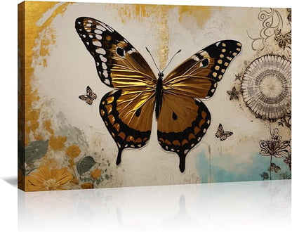 KPLUNDO Butterfly Wall Art Abstract Flower Picture Gray Gold Poster Vintage Painting Modern Artwork Home Decor for Living Room Bedroom Office Wall Decoration Ready to Hang(Art-3,12.00x18.00 inch)