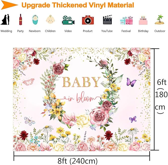 InMemory Baby in Bloom Backdrop Wildflower Baby Shower Decorations for Girl,Spring Wildflowers Baby in Bloom Baby Shower Banner Background Wild Floral Baby Girls Party Supplies Photobooth Props 8x6ft