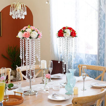 21.6in Wedding Center Stand, Silver Metal Flower Holders Centerpiece Vase with Crystal 2-Piece Charming Candle Holder,for Reception Tables Décor Wedding Anniversary Party Centerpieces