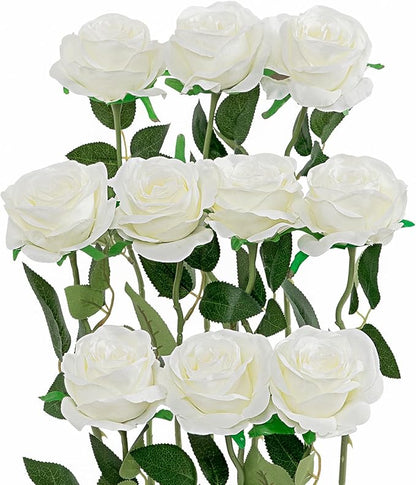 Luyue 10PCS Artificial Roses Flower with Stems Slik Fake Flowers Bouquet Realistic Long Stem Faux Rose for Wedding Home Decor