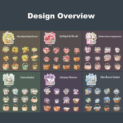 Floral Basket Holographic PET Sticker Set, 72Pcs Vintage Flower Stickers for Scrapbooking, Journaling, Junk Journal Supplies, and DIY Crafts