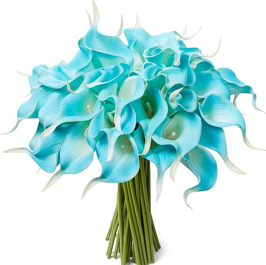 24 Pcs Artificial Calla Lily Flowers Fake Silk Flowers Real Touch for Wedding Bouquet Office Home Kitchen Decor (Peacock Blue)