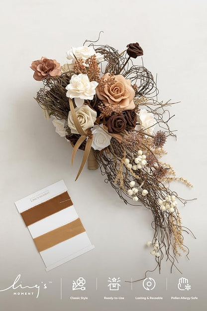 Ling's moment Beige Bridal Bouquet Cascading, Brown Wedding Bouquets for Bride, 13 Inch Bride Bouquets for Wedding Artificial Flowers Bouquets