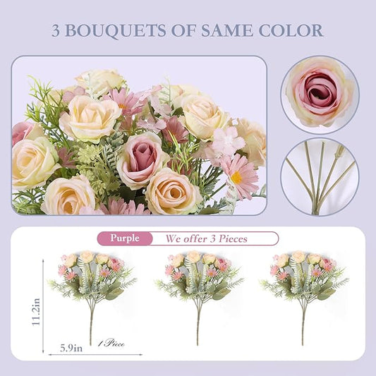Artificial Flowers Fake Rose Bouquet 3 Pack Artificial Flowers Bouquet Plastic Flower Arrangements Wedding Decoration Table Centerpieces(Purple)