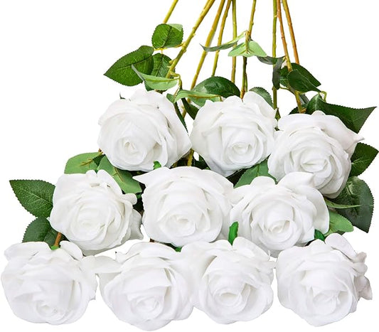 DuHouse 10pcs Fake Roses Artificial Silk Flowers Faux Rose Flower Long Stems Bouquet for Arrangement Wedding Centerpiece Party Home Kitchen Decor (Pure White)