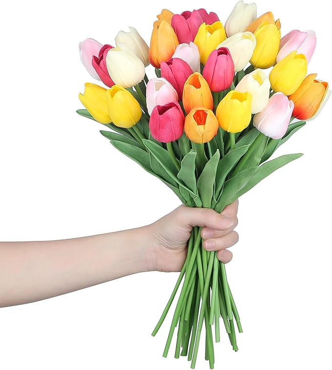 SITUMEIZI Fake Flowers Tulips Artificial Silk Flower 15pcs Real Touch 14" for Spring Easter Home Kitchen Wedding Bouquet Bulk Mother's Gift Day Decorations(Multicolor,5-1)