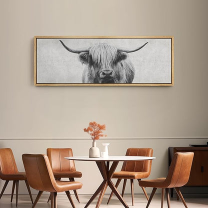 SIGNFORD Large Framed Canvas Print Wall Art Highland Gentleman Portrait of a Highland Cow Illustrations Modern Art Relax/Calm Warm for Living Room, Bedroom, Office - 60"x20"