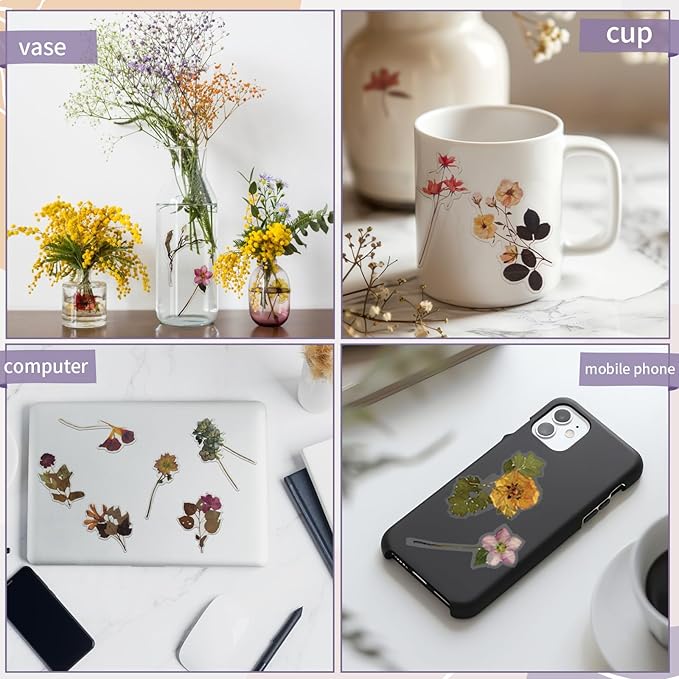 Natural PET Flower Stickers for Scrapbooking - Vintage Nature Plant Craft Sticker, Colorful Small Clear Floral Decal for Journaling (Style D)