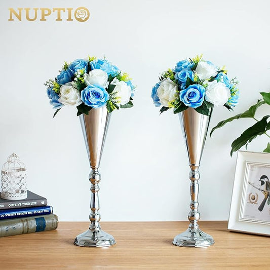 2 Pcs Tabletop Silver Metal Wedding Flower Trumpet Vase, 16.5 inch Table Decorative Centerpiece Artificial Flower Arrangements for Anniversary Ceremony Party Birthday Event Aisle Home Decoration