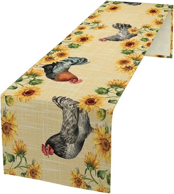 Rooster Sunflower Table Runner Vintage Farm Chicken Flower Dinner Runner for Country Farmhouse Home Kitchen Dinner Table Party Decoration 13x120in