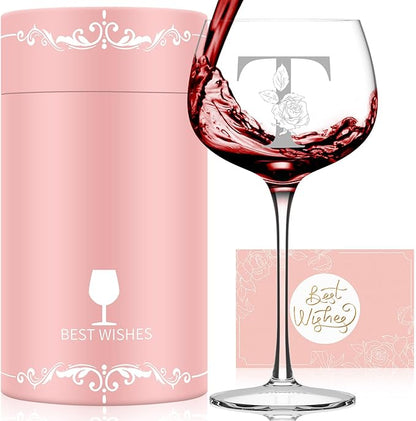 Personalized Gifts for Women, Monogrammed A-Z Wine Glass Customized Gift, Unique Christmas Birthday Gifts for Women Her Mom Friend Sister Wife Daughter Nurse (T)