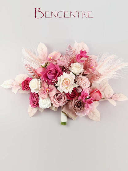 Hot Pink Bridal Bouquets for Bride,14 Inch Wedding Bouquets, for Wedding Ceremony, Anniversary, Party and French Rustic Vintage Wedding,Artificial Flowers