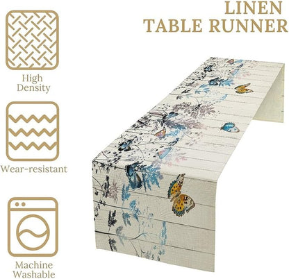 Nature Dandelion Table Runner,Rustic Floral Wood Plank Butterfly Girl Women Pattern Print Burlap Tablecloth for Hotel Indoors Outdoor Dining Room Kitchen Table Decor, 13x60in