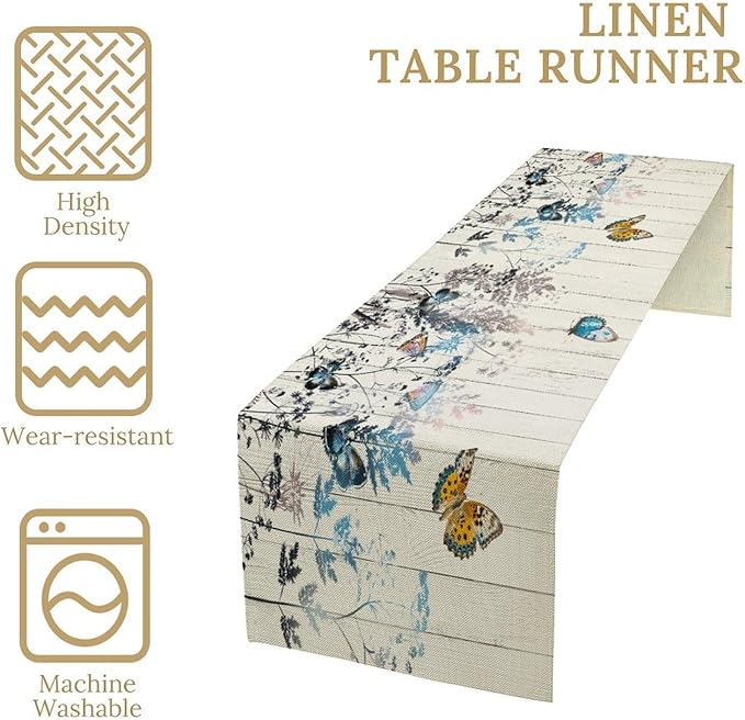 Nature Dandelion Table Runner,Rustic Floral Wood Plank Butterfly Girl Women Pattern Print Burlap Tablecloth for Hotel Indoors Outdoor Dining Room Kitchen Table Decor, 13x108in