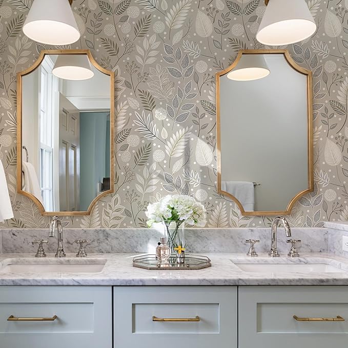 Gray Leaf Peel and Stick Wallpaper Grey White Floral Contact Paper Easy Peel Off Self-Adhesive Removable Stick on Wall Paper for Kitchen Cabinet Drawer 17.71" X 118.1"