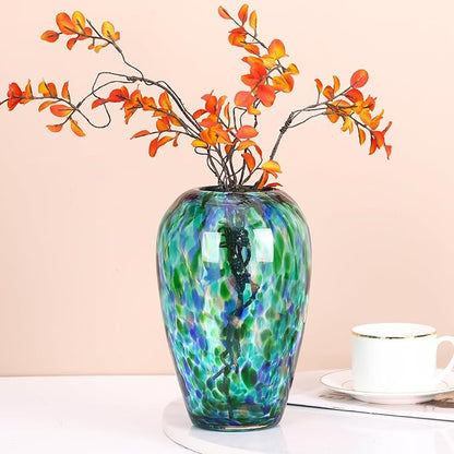 9" Tall Teal Vase Hand Blown Glass Vase Green, Modern Teal Home Centerpieces Wide Mouth Vases for Bud&Flower Decor - Ideal Living Room, Kitchen, Wedding, Dining Table, Office Center Table