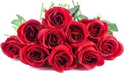 Flojery 10pcs Artificial Rose Flowers Long Stem Fake Silk Roses for DIY Wedding Bouquet Table Centerpiece Home Decor,Red