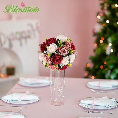 BLOSMON Wedding Flowers Centerpieces for Tables: 10 Pcs Burgundy & Dusty Rose & Creamy White Fake Roses Kissing Balls Decoration - Artificial Silk Floral Arrangements for Home Party DIY Decor