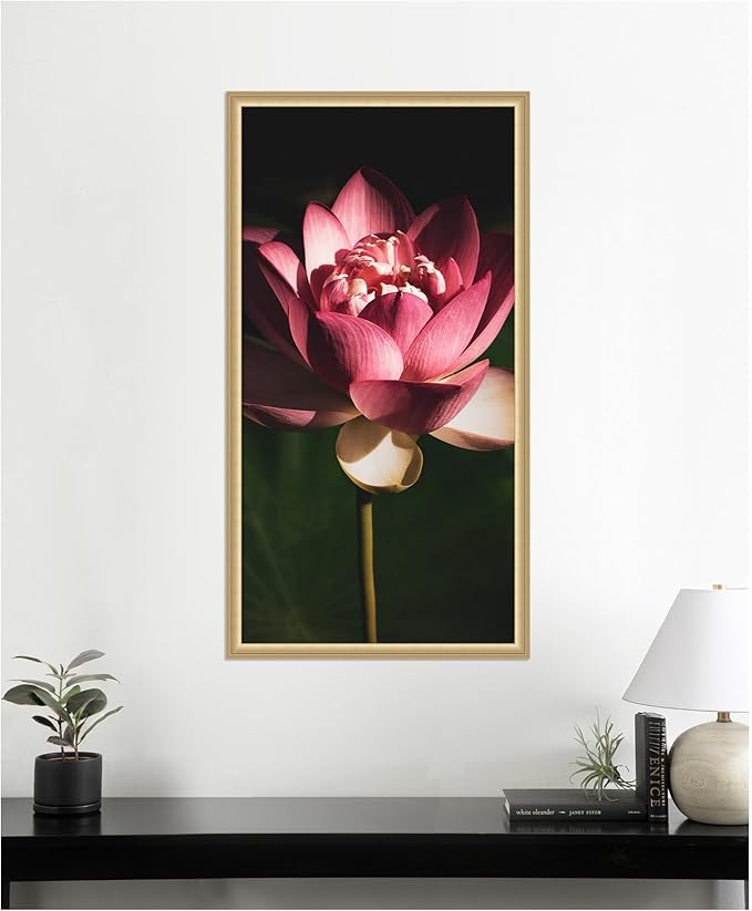 Kate and Laurel Framed Wall Art Print Midnight Lotus Flower by Stephanie Klatt, 22 x 42, Florence Gold Frame, Modern Contemporary, Flower Art for Wall Decor
