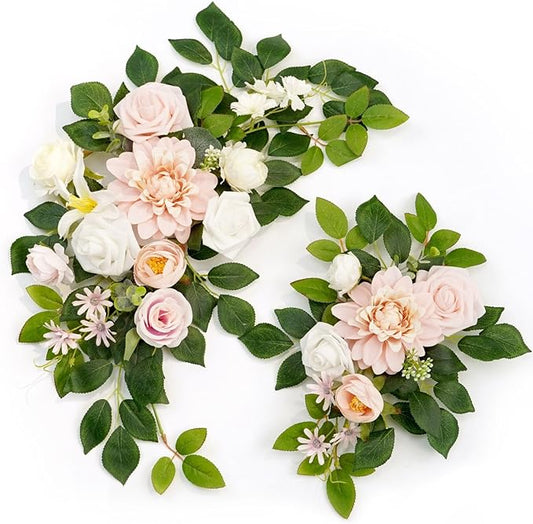 Wedding Decor (Pack of 2) Welcome Sign Flower Backdrop Garland for Ceremony Reception Wall Easel Home Decoration Entryway Faux Outdoor Board Head Table Decor (Blush)