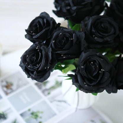 Felice Arts 12 Pack Black Roses Artificial Silk Flowers, Realistic Fake Roses Bouquet with Short Bendable Stems for Home Kitchen Vase Arrangements Wedding Centerpiece Halloween Party DIY Decor