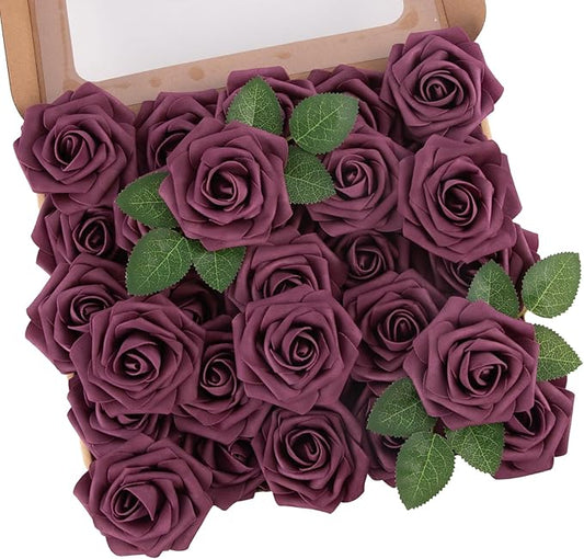 MACTING Artificial Flower Roses 30PCS Real Touch Fake Flowers with Stem Plum Purple Foam Roses for DIY Wedding Bouquet Party Table Centerpieces Baby Shower Holiday Home Spring Mothers Day Decorations
