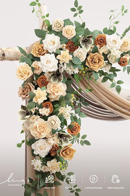 Ling's moment Artificial Wedding Arch Flowers with Drapes Kit-Pack of 5, 2pcs Flower Arrangements 3pcs Hanging Sheer Drapes Ceremony Arbor Backdrop Rose Floral Decorations, Apricot & Soft Peach