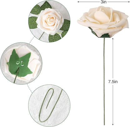 AmyHomie Artificial Flowers Champagne Rose 50pcs Real Looking Fake Roses w/Stem for DIY Wedding Bouquets Centerpieces Arrangements Party Baby Shower Valentines Day Christmas Tree Decorations