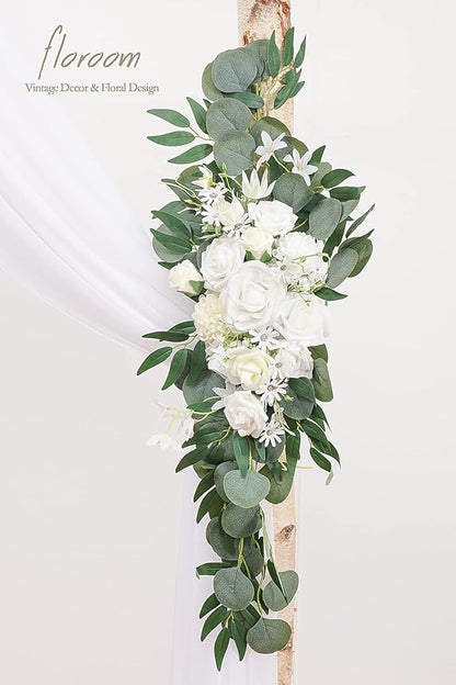 Floroom Arch Flowers with Drapes Kit (Pack of 4) - 2pcs Artificial Ivory & White Floral Swag Arrangement with 2pcs Draping Fabric for Wedding Ceremony Arbor and Reception Backdrop Decoration
