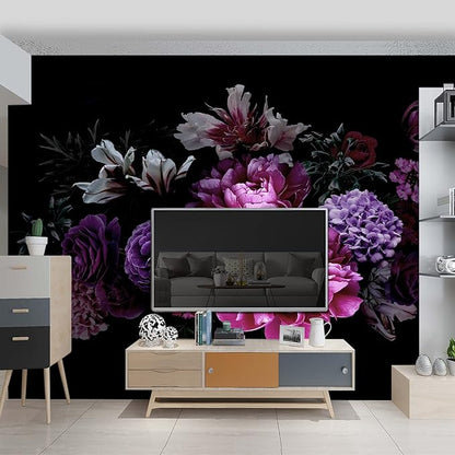 Black Peony Floral Wallpaper Bedroom Purple Botanical Flowers Leaf murals Living Room tv Background Large Wall Mural Aesthetic Room Decor - 137"x96" Not Peel and Stick
