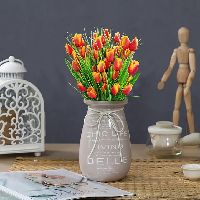8 Bundles Outdoor Artificial Tulips Fake Flowers UV Resistant Faux Plastic Greenery Shrubs Plants for Home Outside Garden Porch Window Farmhouse Decor (Orange)
