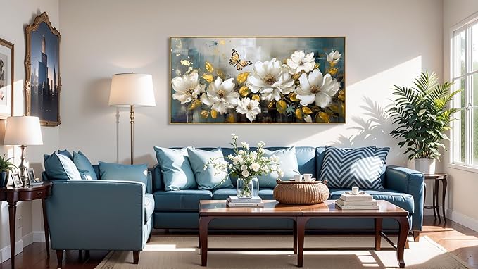 Wall Art Modern Flower Artwork Paintings White Blossom Gold Leaf Butterfly Landscape Picture wall Decor for Living Room Bedroom Kitchen 24"x48" with Framed