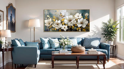 Wall Art Modern Flower Artwork Paintings White Blossom Gold Leaf Butterfly Landscape Picture wall Decor for Living Room Bedroom Kitchen 40"x79" with Framed