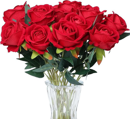 SITUMEIZI 15PCS Red Artificial Roses Silk Flowers Fake Roses Realistic Bouquet Long Stem with Gift Box for Mother's Gift Day Home Party Wedding Decorations
