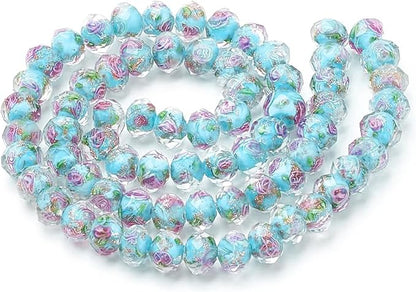 PH PandaHall 60pcs 9~10mm Blue Rose Lampwork Beads Gold Sand Glass Beads Flower Glass Beads 1.5~2mm Hole Floral Handmade Lampwork Beads Round Loose Beads for Rosary Making Jewelry Craft Making