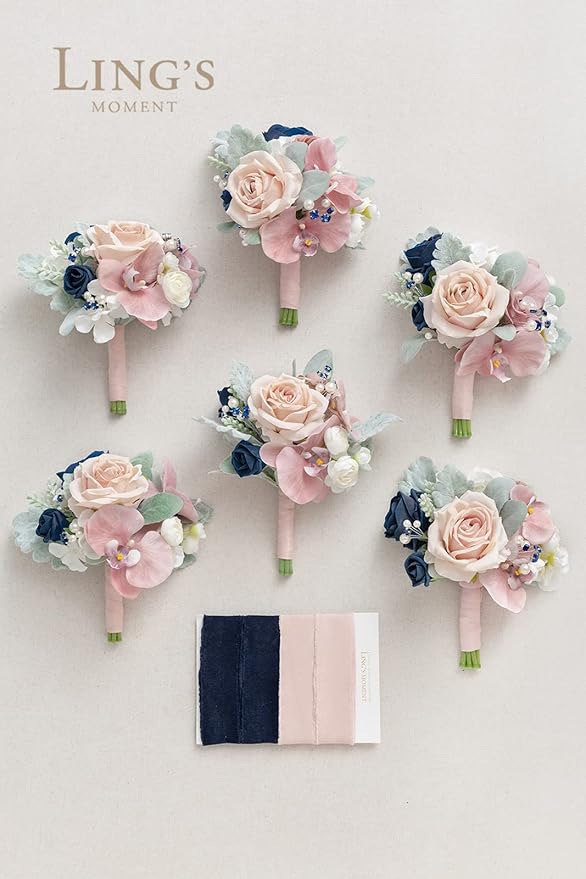 Ling's moment Artificial Flowers Dusty Rose & Navy Blue Bridesmaid Bouquet Set of 6, Wedding Flowers Bouquets for Bridesmaids, 7 Inch Bridal Bouquets for Bridesmaids, Wedding, Ceremony, etc