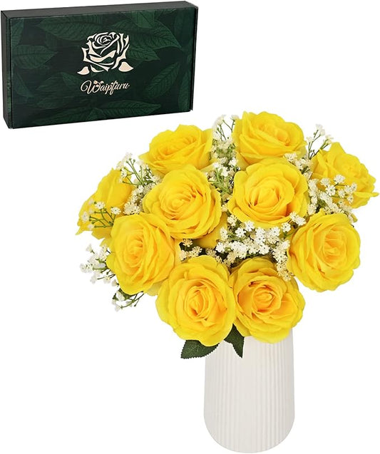 Waipfaru 20 Pcs Fake Yellow Roses Babys Breath Artificial Flowers Bulk, Silk Yellow Rose Faux Babys Breath with Long Stems for Wedding Bouquet Vase Flower Arrangement