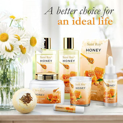 Christmas Gifts for Women Bath & Body Gift Set, Luxury Home Spa Bath Gift Basket, Honey Almond Scented Bath Set, Pamper Gifts Birthday gifts & Teens, Spa Kit Gift, Home Spa Gifts for Men Dad