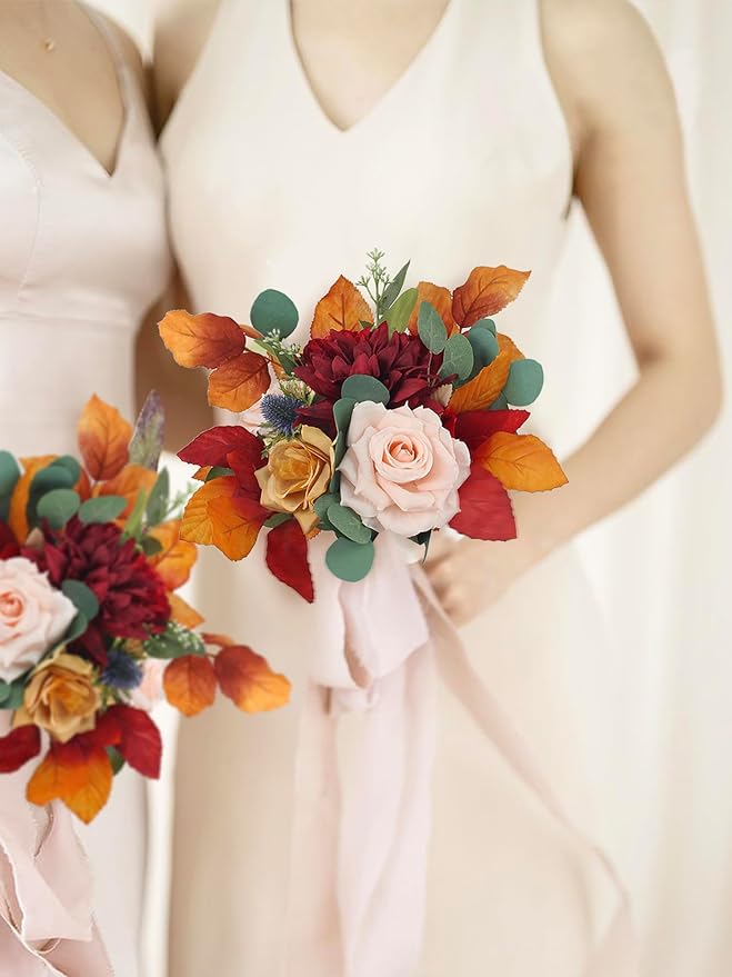 Rinlong 1Pc Bridesmaids Bouquet Fall Wedding Bouquets for Bridesmaid Terracotta Artificial Flowers Burnt Orange Silk Bouquet for Wedding