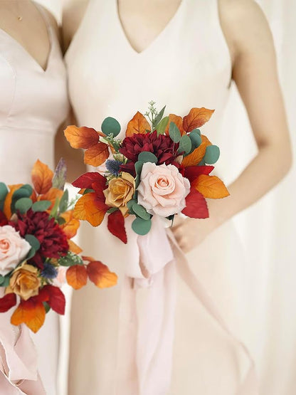 Rinlong 1Pc Bridesmaids Bouquet Fall Wedding Bouquets for Bridesmaid Terracotta Artificial Flowers Burnt Orange Silk Bouquet for Wedding