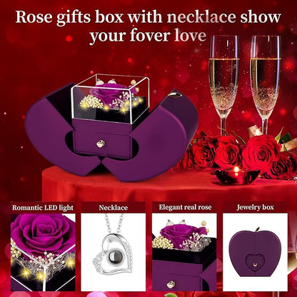 Preserved Purple Real Rose with I Love You Necklace, Eternal Flowers Rose Birthday Gifts for Women Her Mom Wife Girlfriend Grandma Christmas on Valentines Mothers Day Anniversary Romantic-Purple