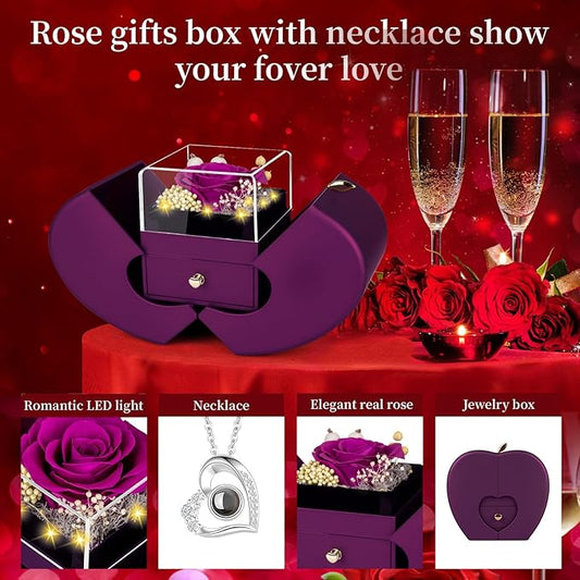 Preserved Purple Real Rose with I Love You Necklace, Eternal Flowers Rose Birthday Gifts for Women Her Mom Wife Girlfriend Grandma Christmas on Valentines Mothers Day Anniversary Romantic-Purple
