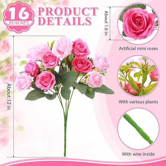Zeyune 16 Bunches 12 Inch Artificial Mini Rose Bouquet 160 Heads Bridal Flower Bouquets Fake Silk Rose Bulk for Wedding Bridal Shower Christmas Home Office Garden Decoration(Hot Pink and Pink)