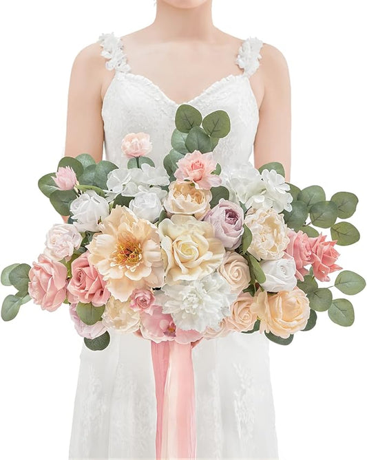TINGE TIME 17 Inch Artificial Bridal Bouquet Realistic Silk Wedding Bouquet, Durable Fake Flowers for Brides, Bridesmaids, Home Decor, and Events (Champange&Pink)