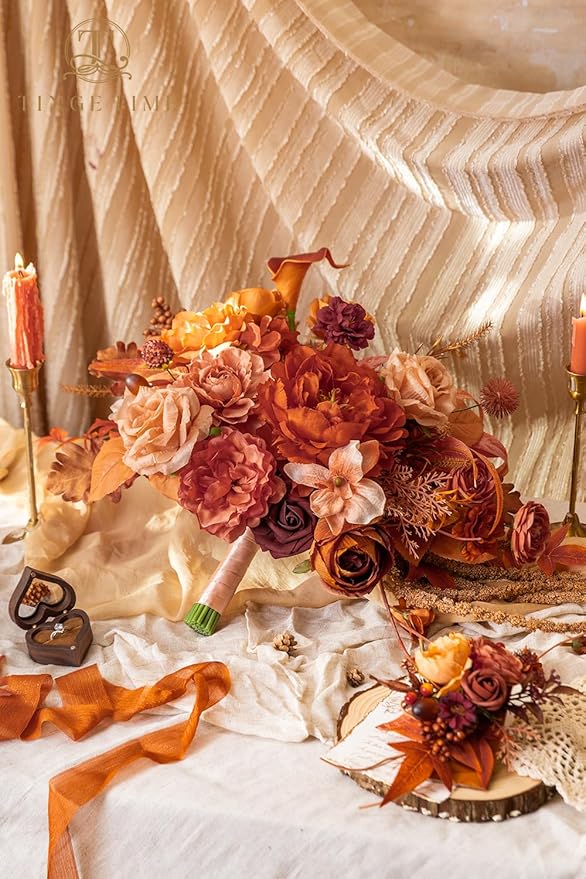TINGE TIME 13 inch Maple Red Wedding Bouquets for Bride, Bridal Bouquet for Bride, Artificial Silk Rose for Graduation Bouquet, Fake Flowers for Fall Wedding Ceremony and Anniversary