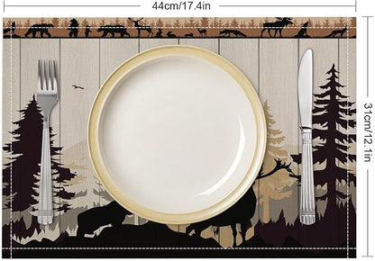 Farmhouse Forest Cabin Placemats Country Deer Bear Art Printed Dining Table Mats Set of 4 for Home Kitchen Holiday Picnic Party Decor 12x18in