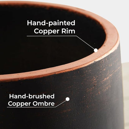 Wallowa 15.5" H Outdoor Concrete Planter, Round Flower Pot with Drainage Hole and Silicone Plug, Plant Container for Garden, Patio, Home, Office, Black, Copper Rim, 1 Pack