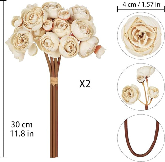 IPOPU Ranunculus Artificial Flowers 2Bouquets Silk Flowers with Stems 12PCS Mini Fake Flowers for DIY Wedding Bouquet Bridal Shower Decorations Floral Filler Flowers Centerpieces (Beige)
